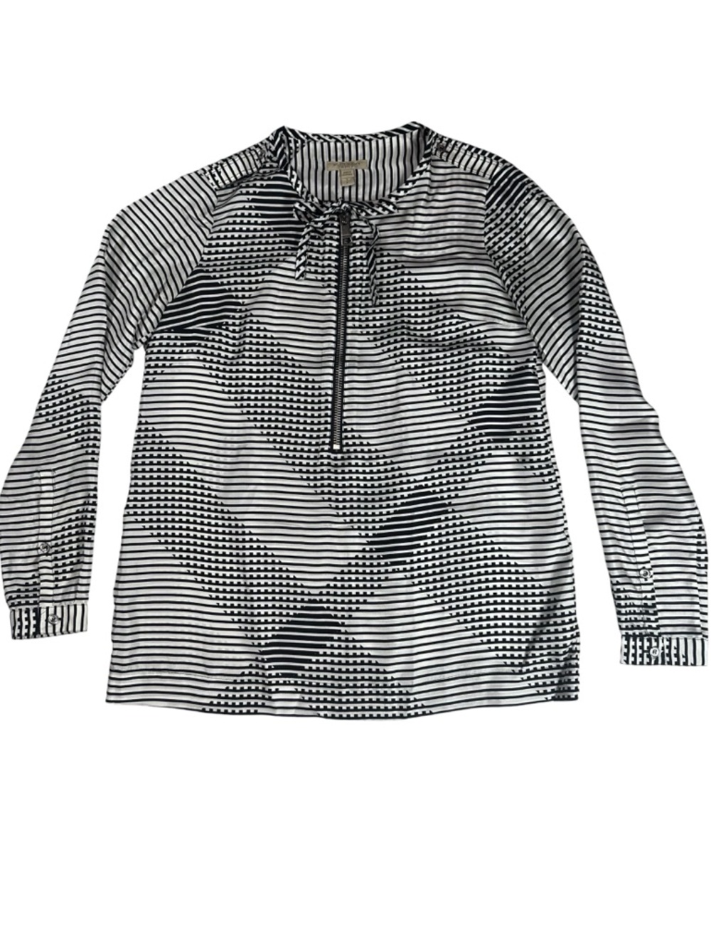 Burberry Bow Zip Black White Geometric Print Silk Blouse Long Sleeve Size 4 - Picture 4 of 13